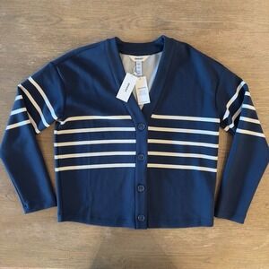 NEW Spanx Air Essentials V-Neck Button Up Cardigan-Navy & Ivory Stripe-Size XS